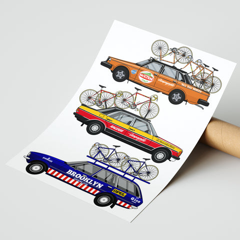 3 Cycling Support Vehicles Art Print Poster