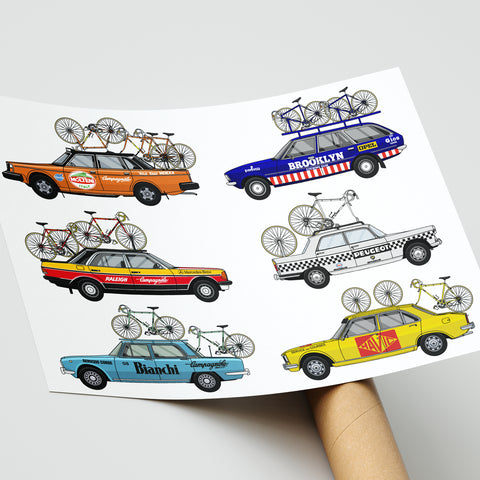 6 Cycling Support Vehicles Art Print Poster