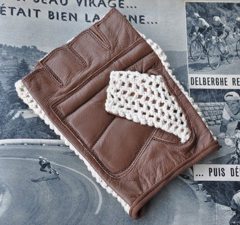 Ivory & Brown Crochet Leather Cycling Gloves