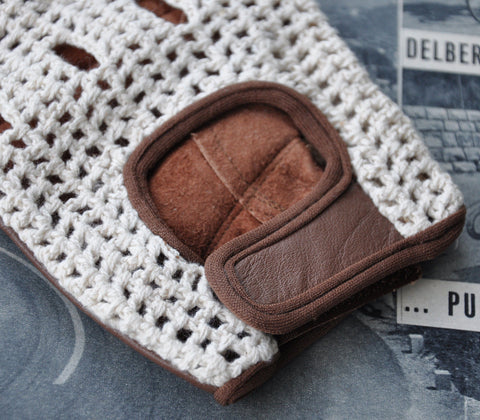 Ivory & Brown Crochet Leather Cycling Gloves
