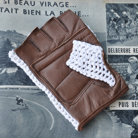 White & Brown Crochet Leather Cycling Gloves
