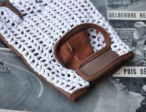 White & Brown Crochet Leather Cycling Gloves