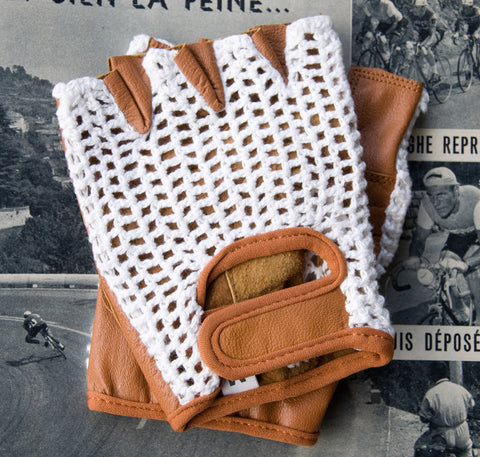 White & Tan Leather Cycling Gloves