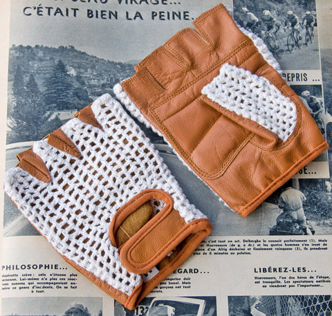 White & Tan Leather Cycling Gloves